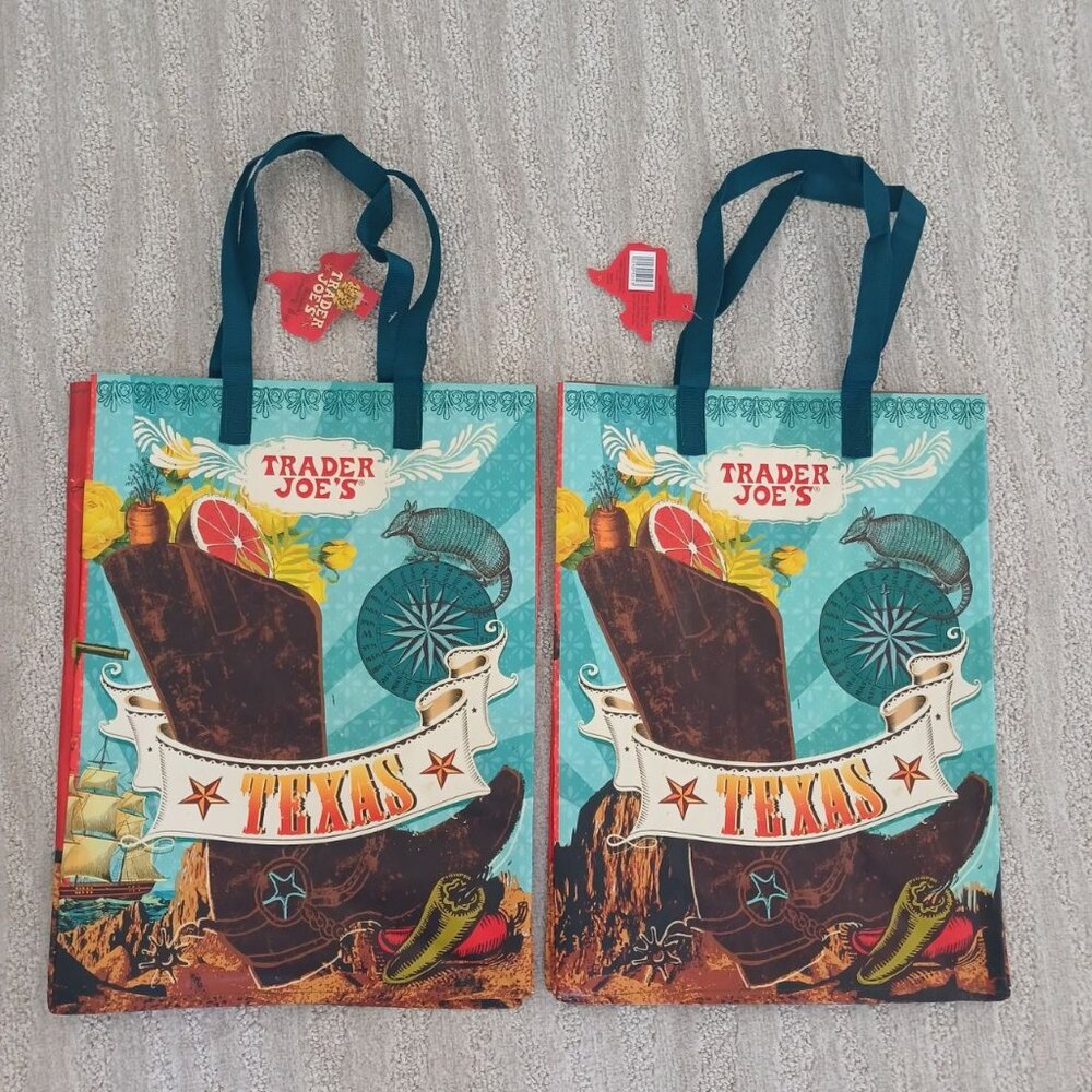 2 Trader Joe’s Texas Cowboy Boot Themed Reusable Grocery Bags Set 6 Gallon